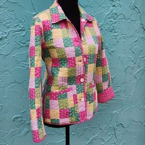 Patchwork Womens Blazer Green Pink Yellow medium bust 38 Button Up Shirt retro M